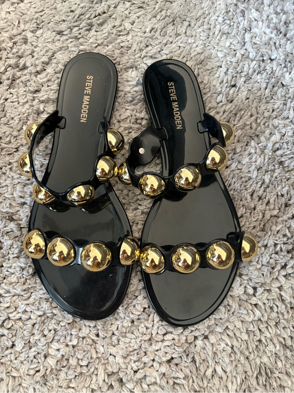 Steve Madden Black Jelly Slide Sandals with Gold Stud Accents